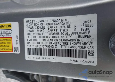 2023 Honda Civic Lx z USA, uszkodzony, nr VIN 2HGFE2F27PH569807